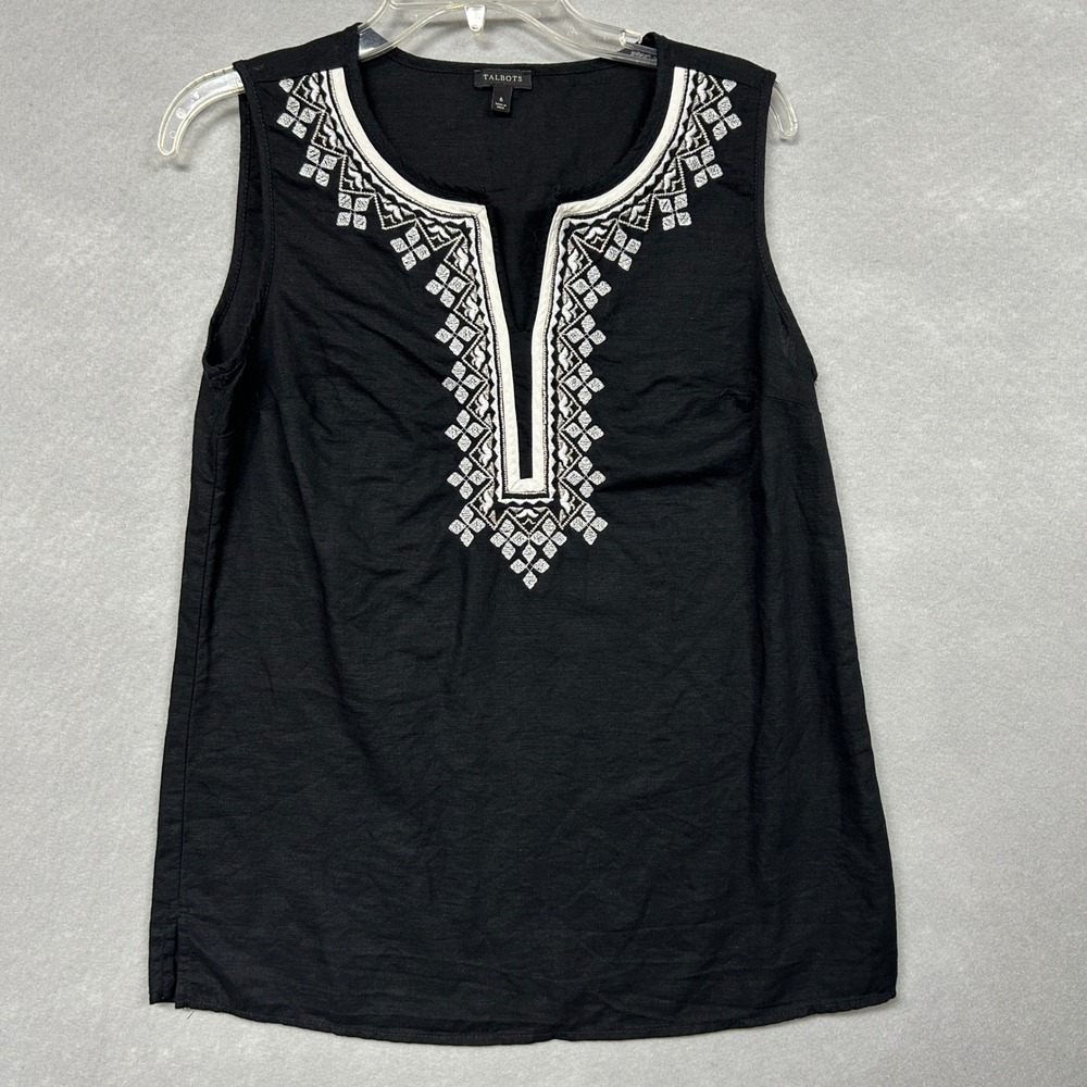Talbots Womens 6 Tank Top Black Embroidered Linen Sleeveless Boho Cruise Wear